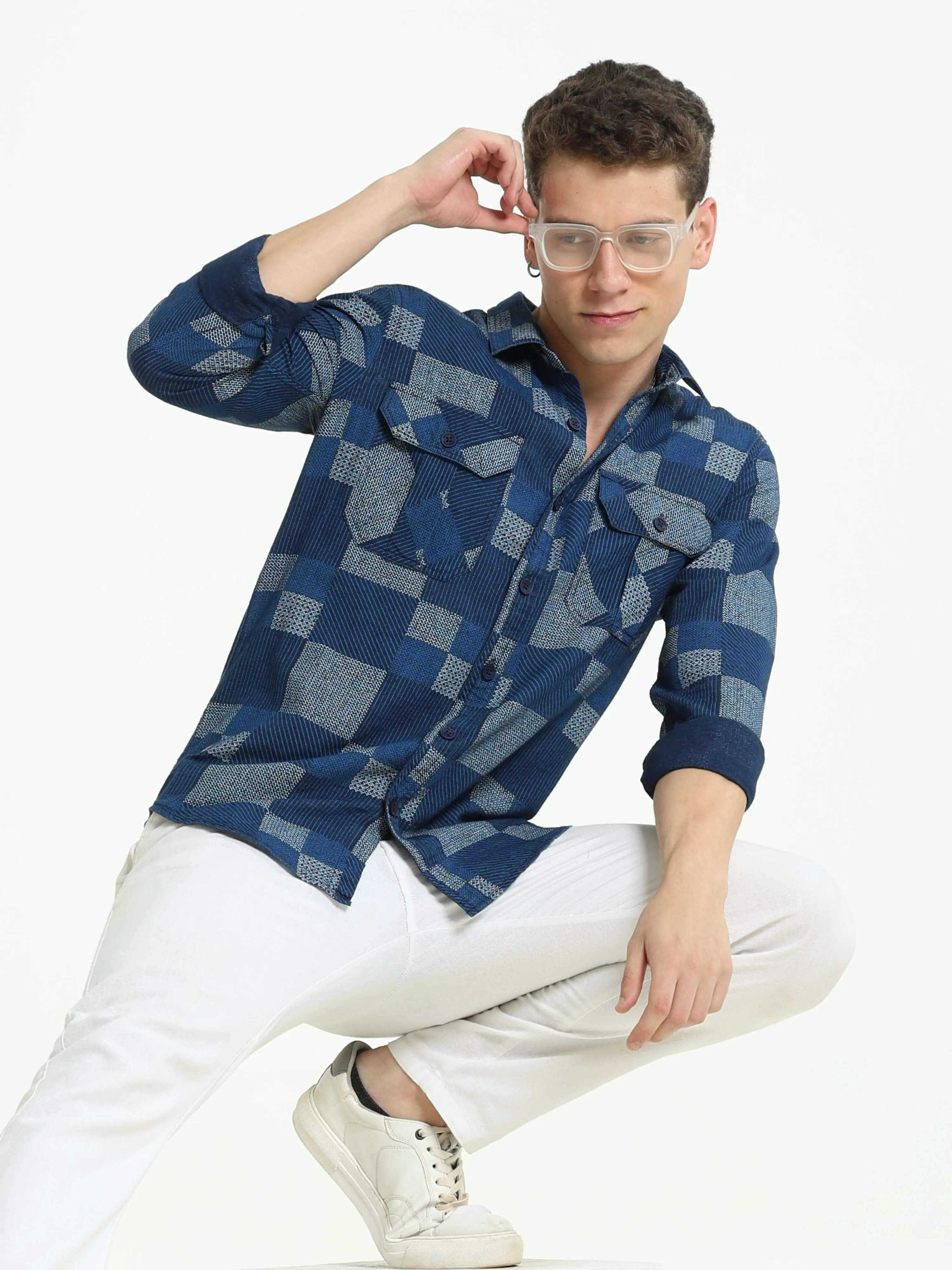 Lt Denim multi blocked check shirt