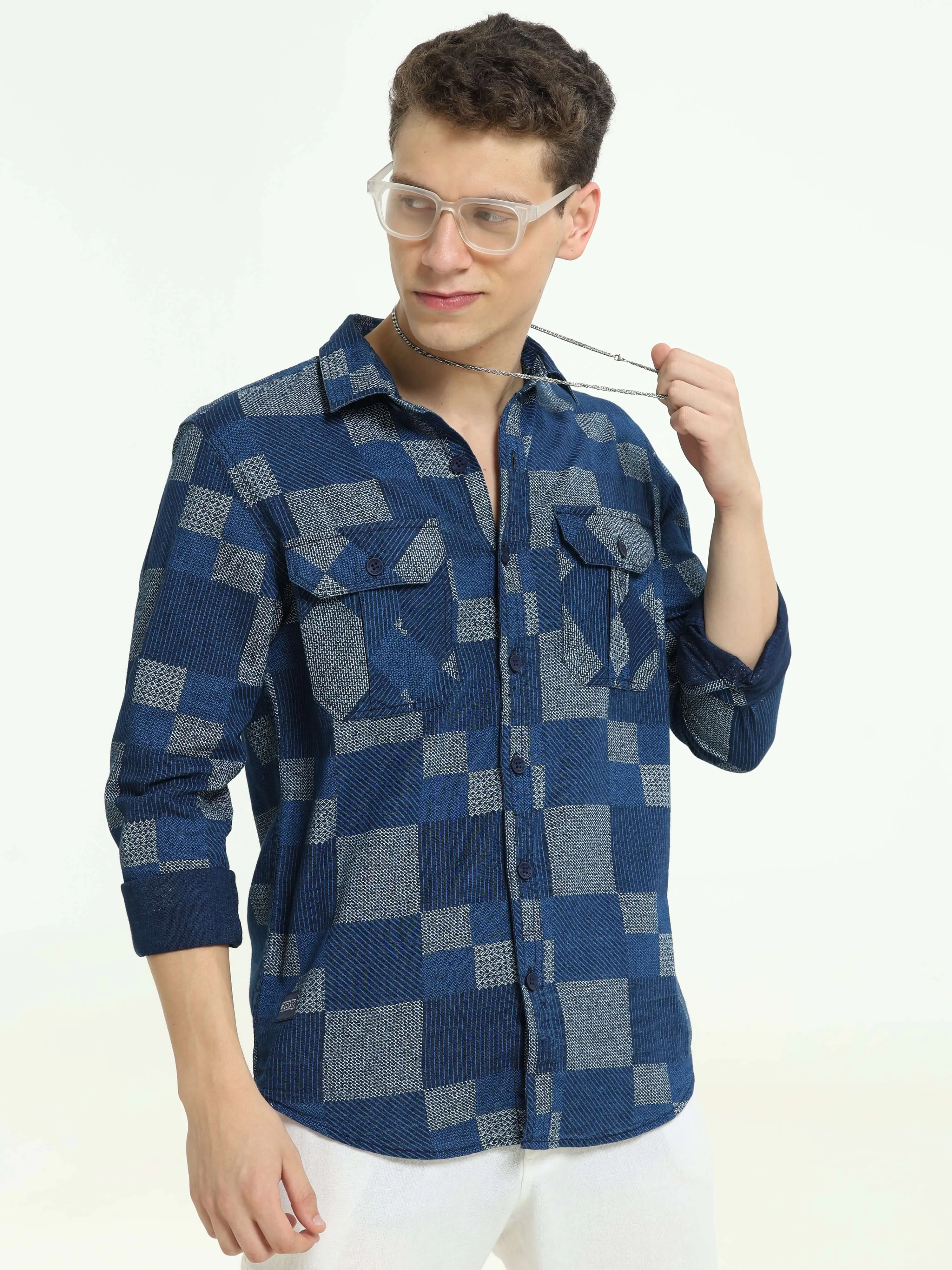 Lt Denim multi blocked check shirt