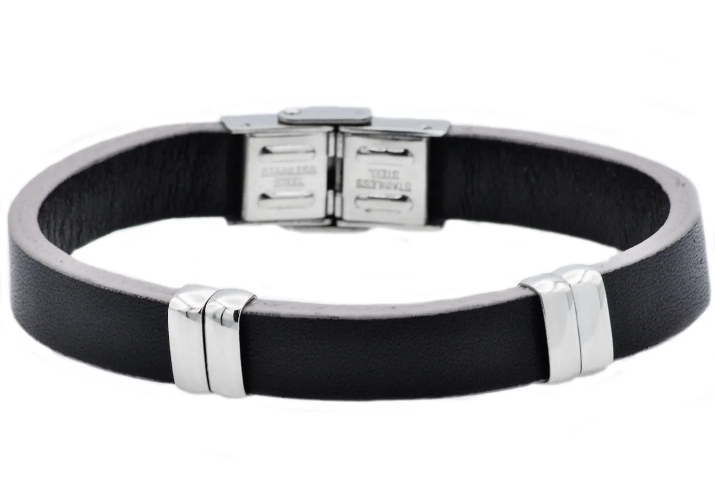 Mens Black And Gray Leather Stainless Steel Bracelet