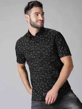 MEN'S DOBBY BLACK PRINT SLIM FIT SHIRT