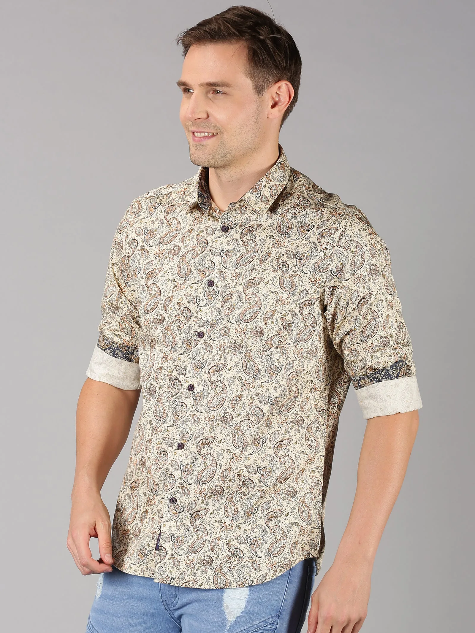 MEN'S ECRU PRINTED SLIM FIT SHIRT