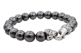 Mens Genuine 10mm Hematite Stainless Steel Beaded Bracelet