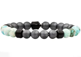 Mens Genuine African Turqoise And Hematite Black Plated Stainless Steel Beaded Bracelet