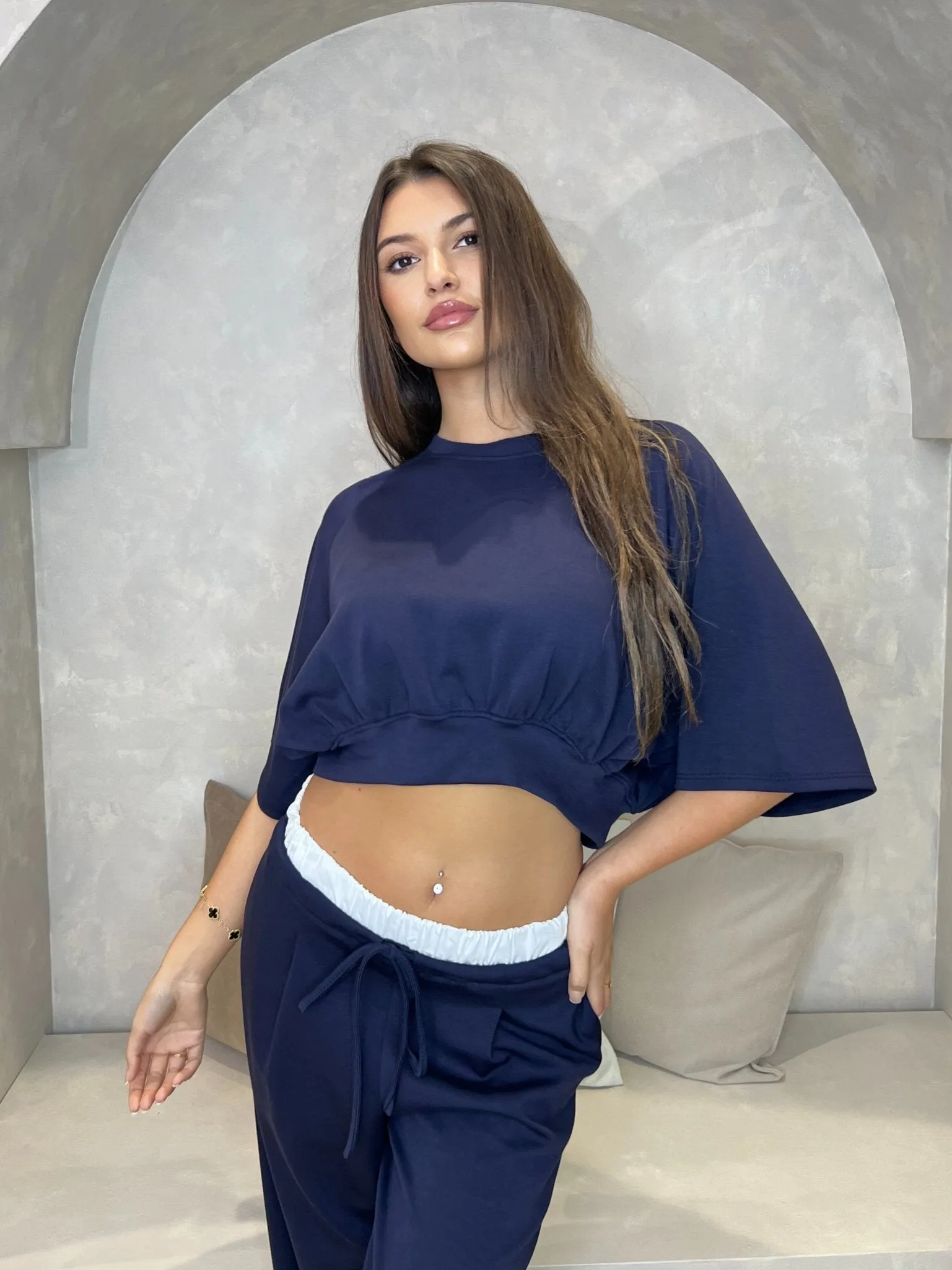 Navy Round Neck Cropped Top