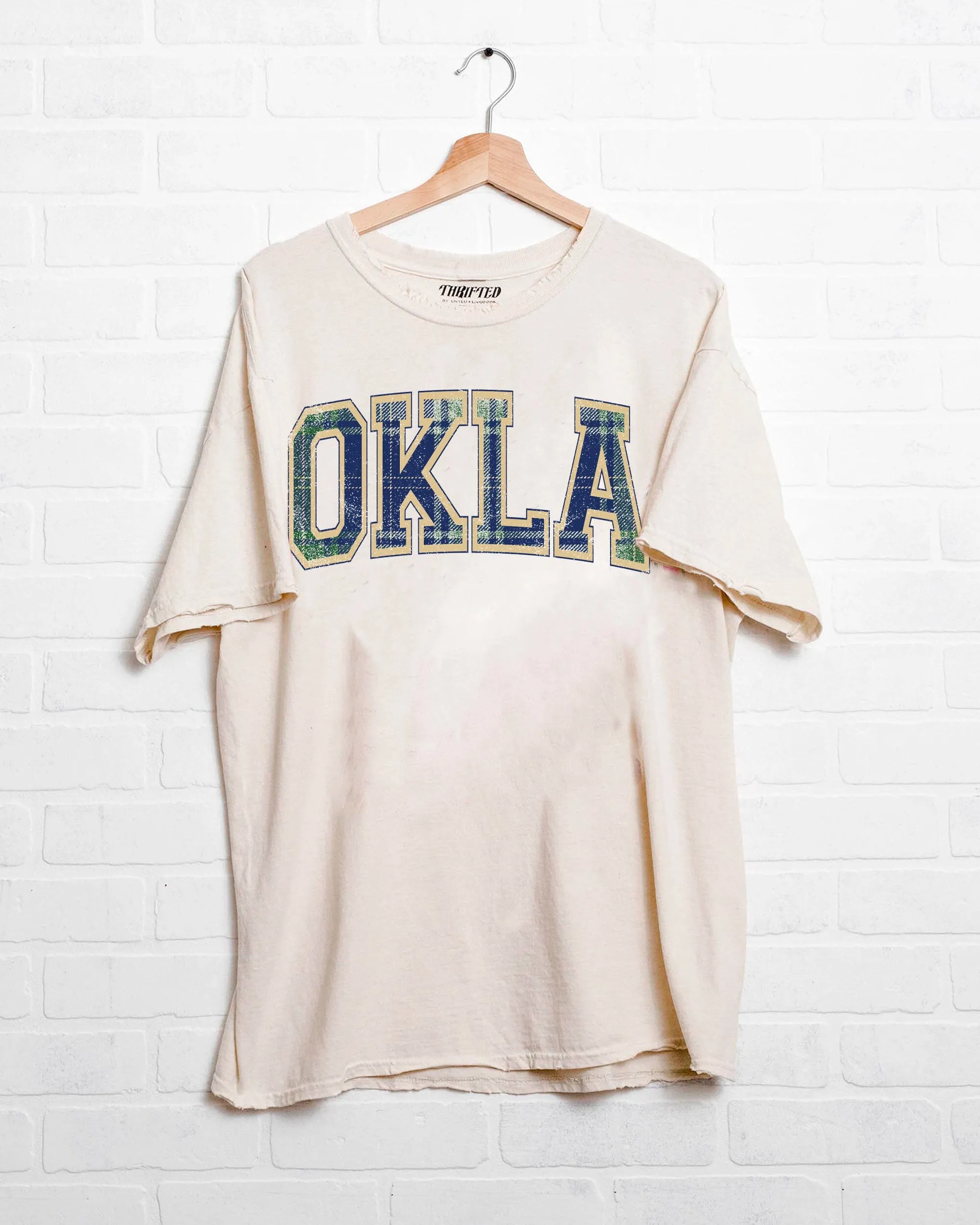 OKLA Plaid Arch (Gold Outline) Off White Thrifted Tee