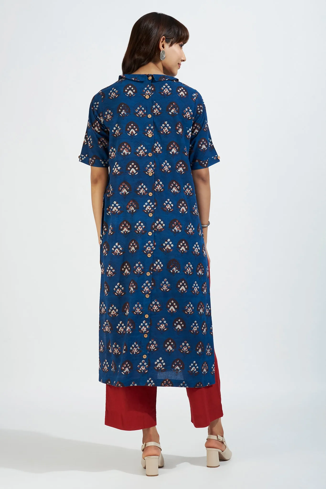 peter pan collar kurta with side & back buttons - nautical delight & burgundy botanics