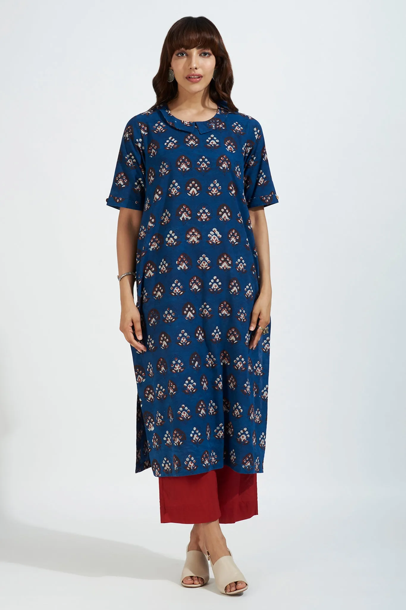 peter pan collar kurta with side & back buttons - nautical delight & burgundy botanics