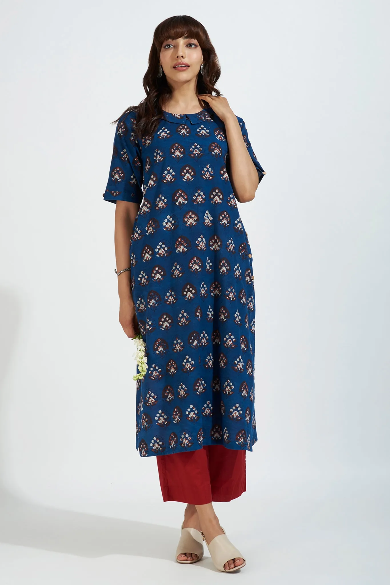 peter pan collar kurta with side & back buttons - nautical delight & burgundy botanics