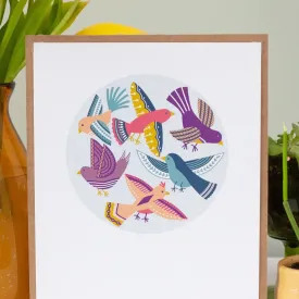 playful birds in a circle art print, bay beach happy hour digital art print, bird art for your wall