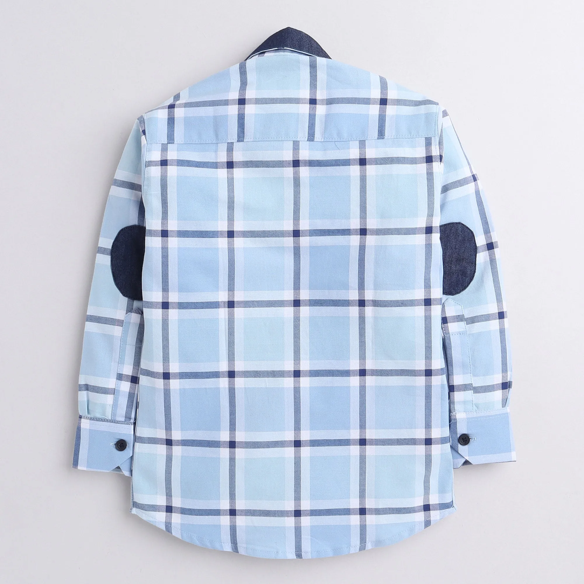 Polka Tots full sleeves checks shirt with  denim collar denim elbow patch  - Light Blue