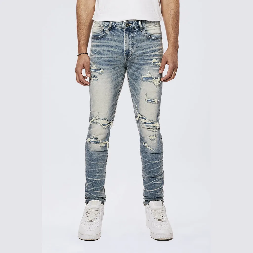 Rip & Repaired Color Slim Tapered Denim Jeans - Malibu Blue