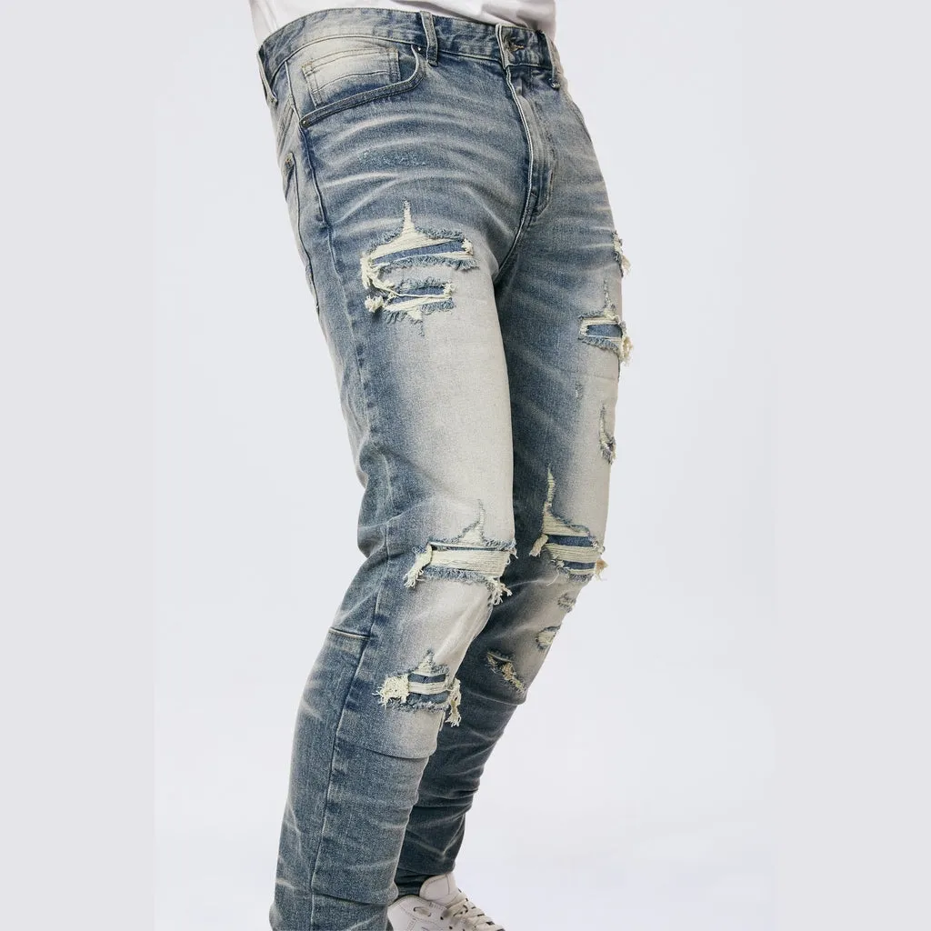 Rip & Repaired Color Slim Tapered Denim Jeans - Malibu Blue