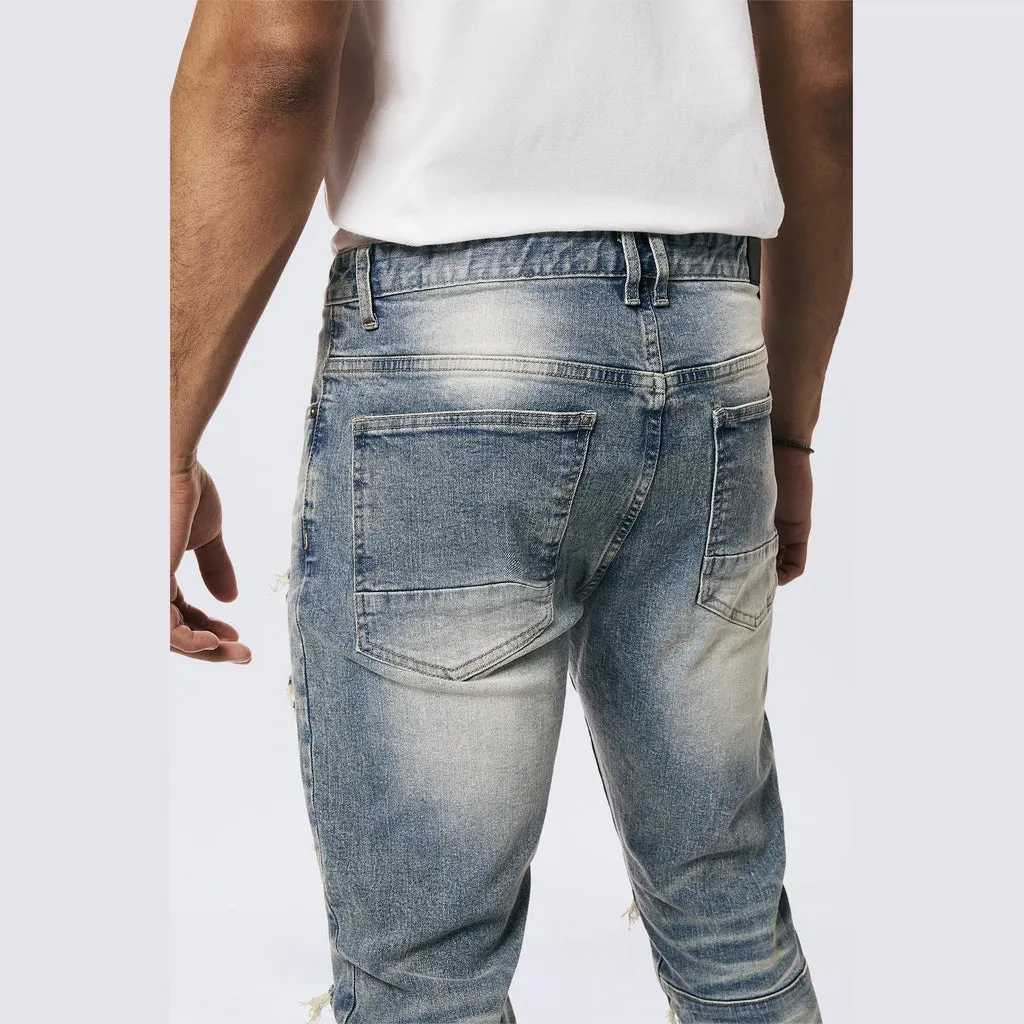 Rip & Repaired Color Slim Tapered Denim Jeans - Malibu Blue