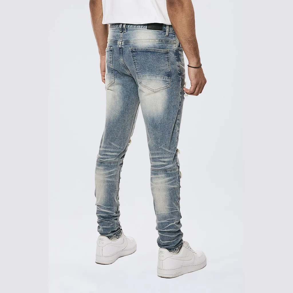 Rip & Repaired Color Slim Tapered Denim Jeans - Malibu Blue