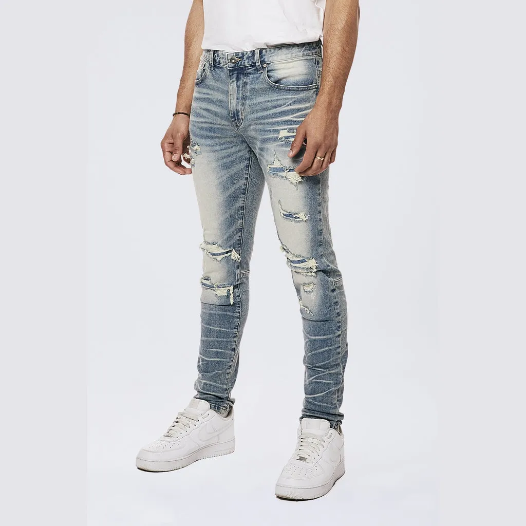 Rip & Repaired Color Slim Tapered Denim Jeans - Malibu Blue