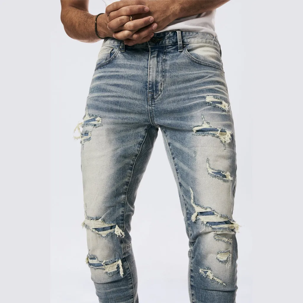 Rip & Repaired Color Slim Tapered Denim Jeans - Malibu Blue