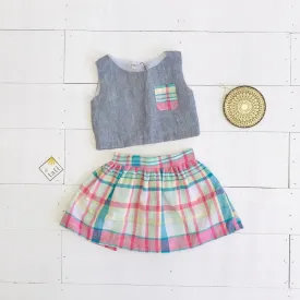 Sage Top and Skirt in Gray Linen & Bright Plaid