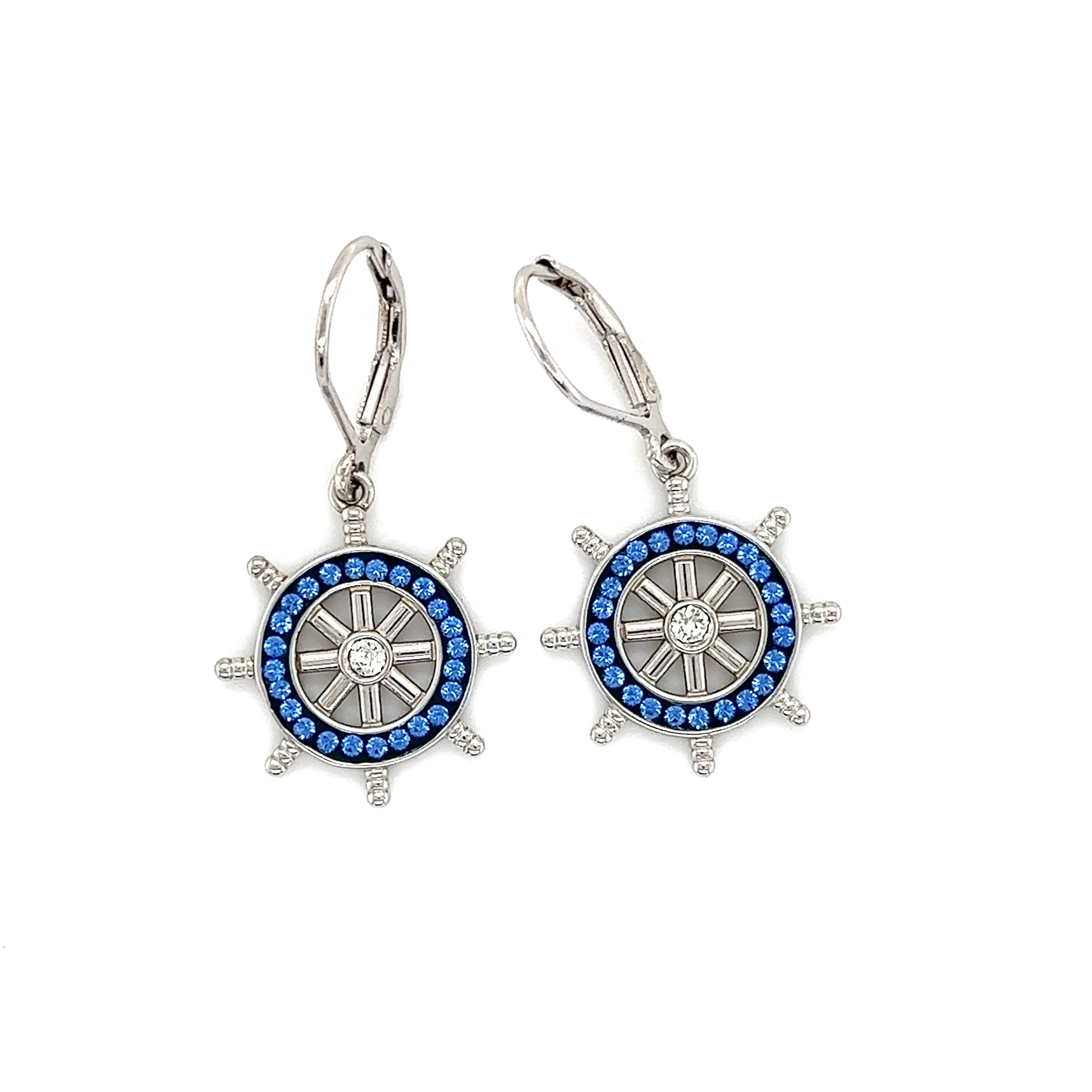 Ship's Wheel Dangle Earrings with Blue and White Crystals in Sterling Silver