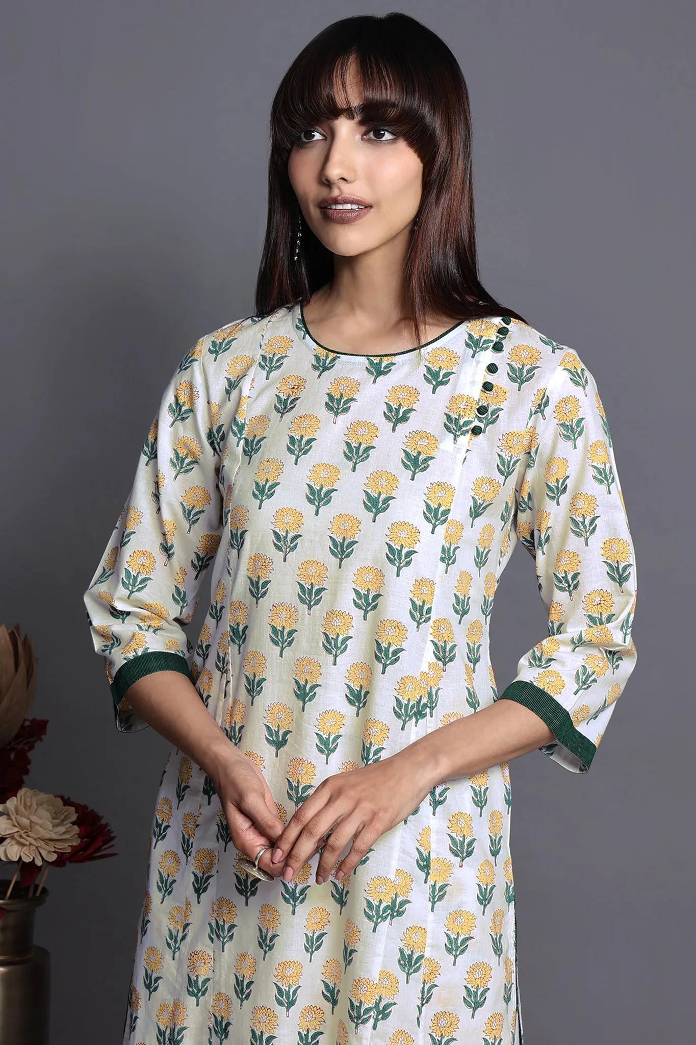 side potli long kurta with slit - lush white & sunflower meadow