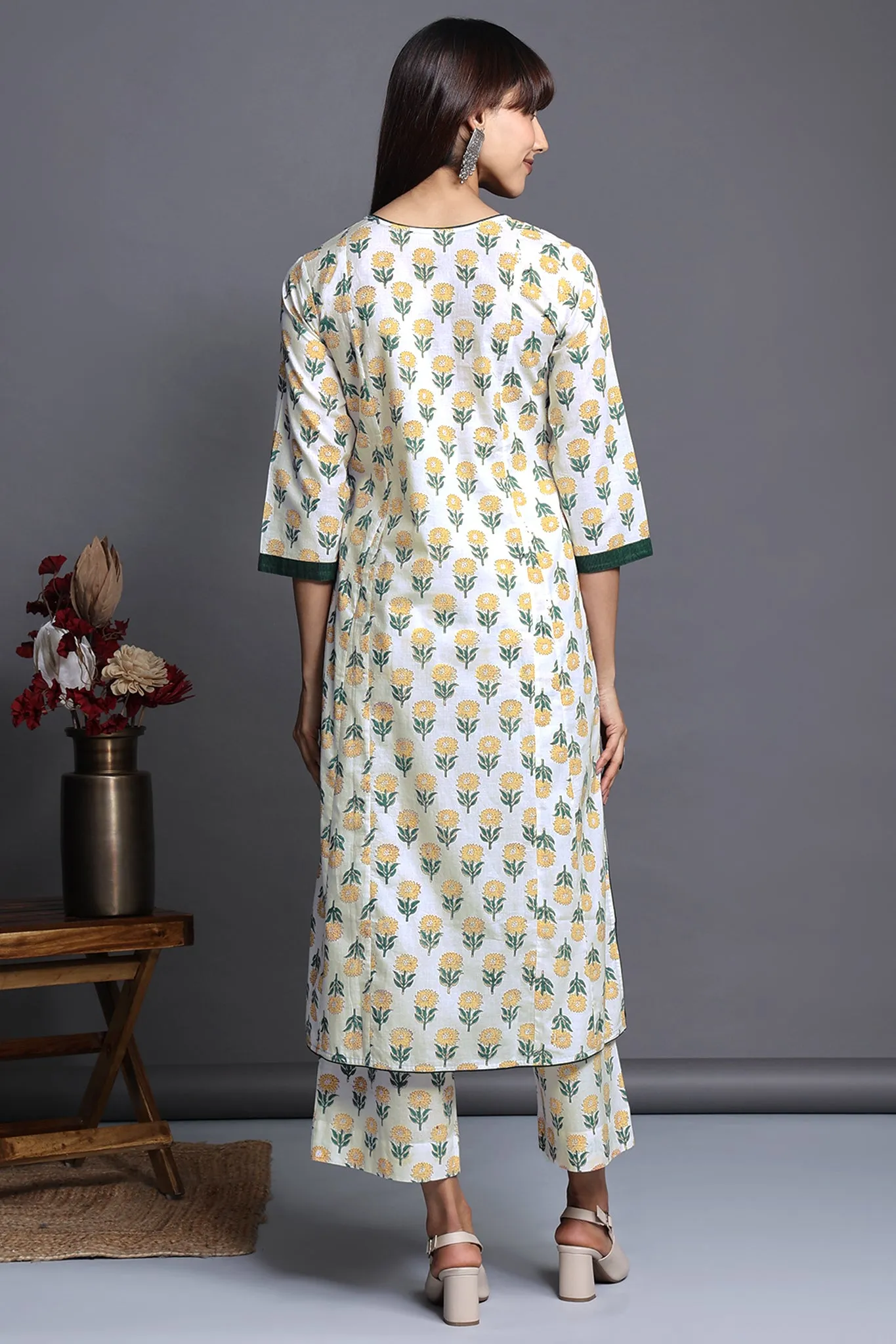 side potli long kurta with slit - lush white & sunflower meadow