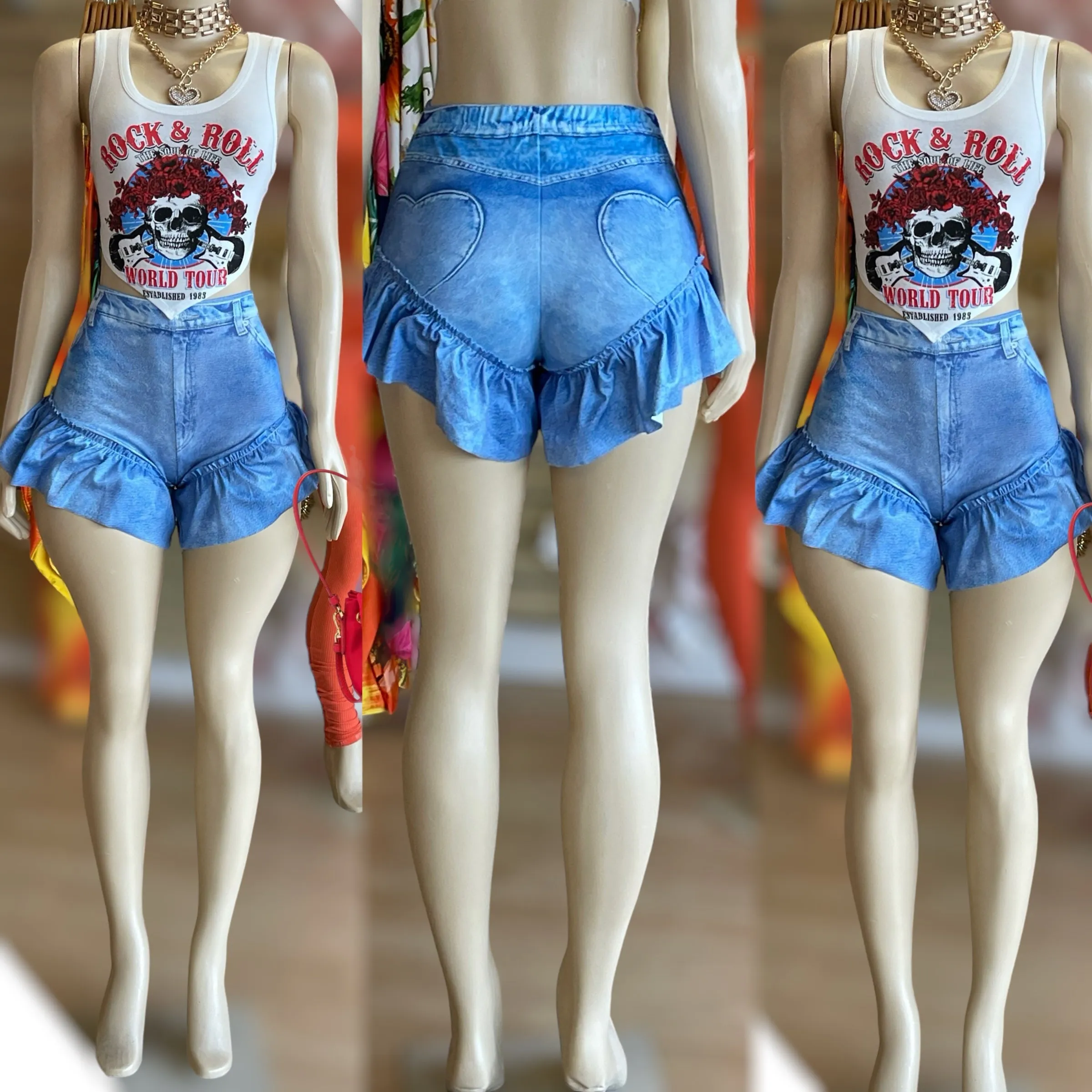 Stretch Cotton Denim Print Ruffle Shorts