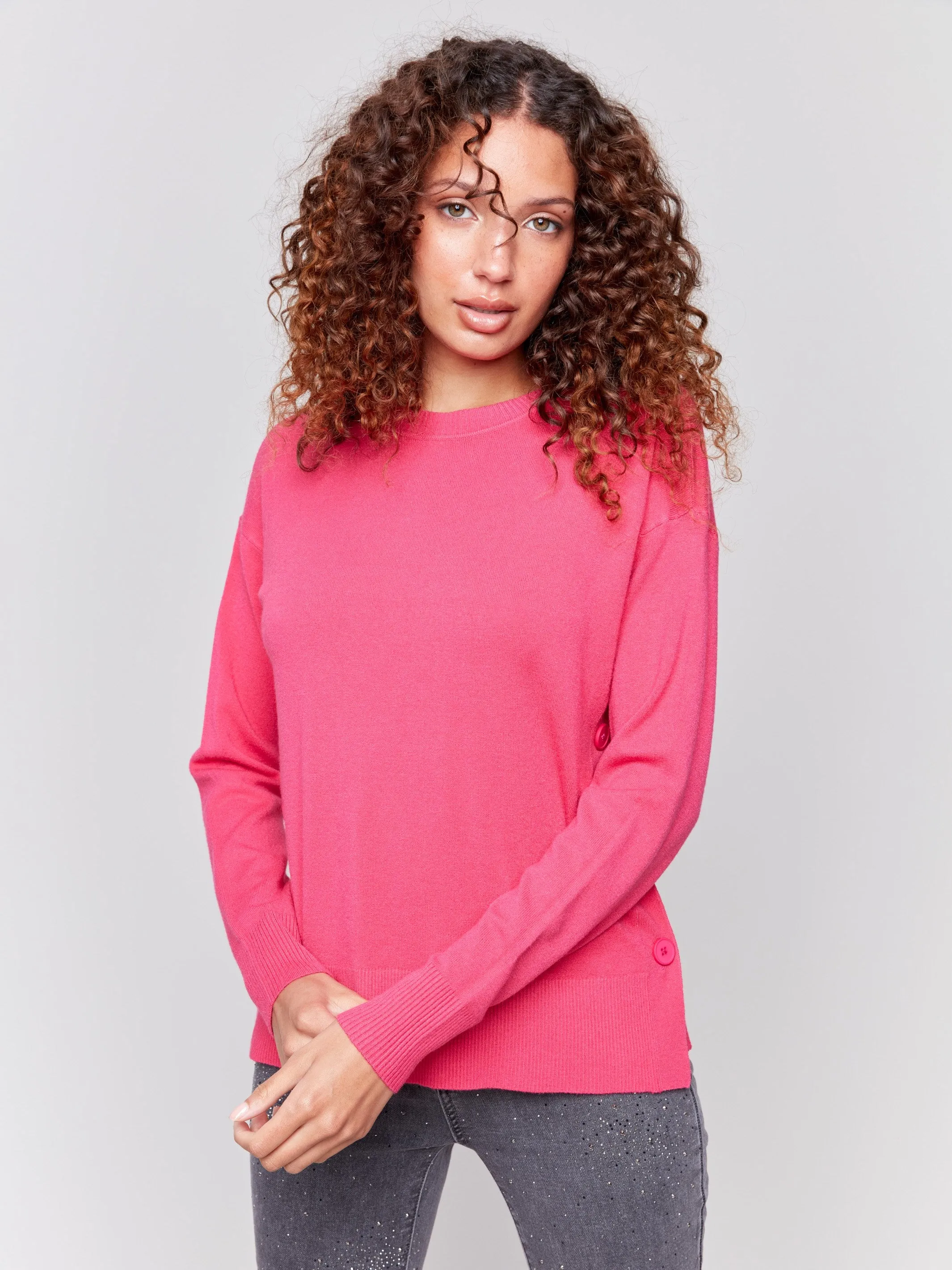 Sweater with Side Buttons - Magenta