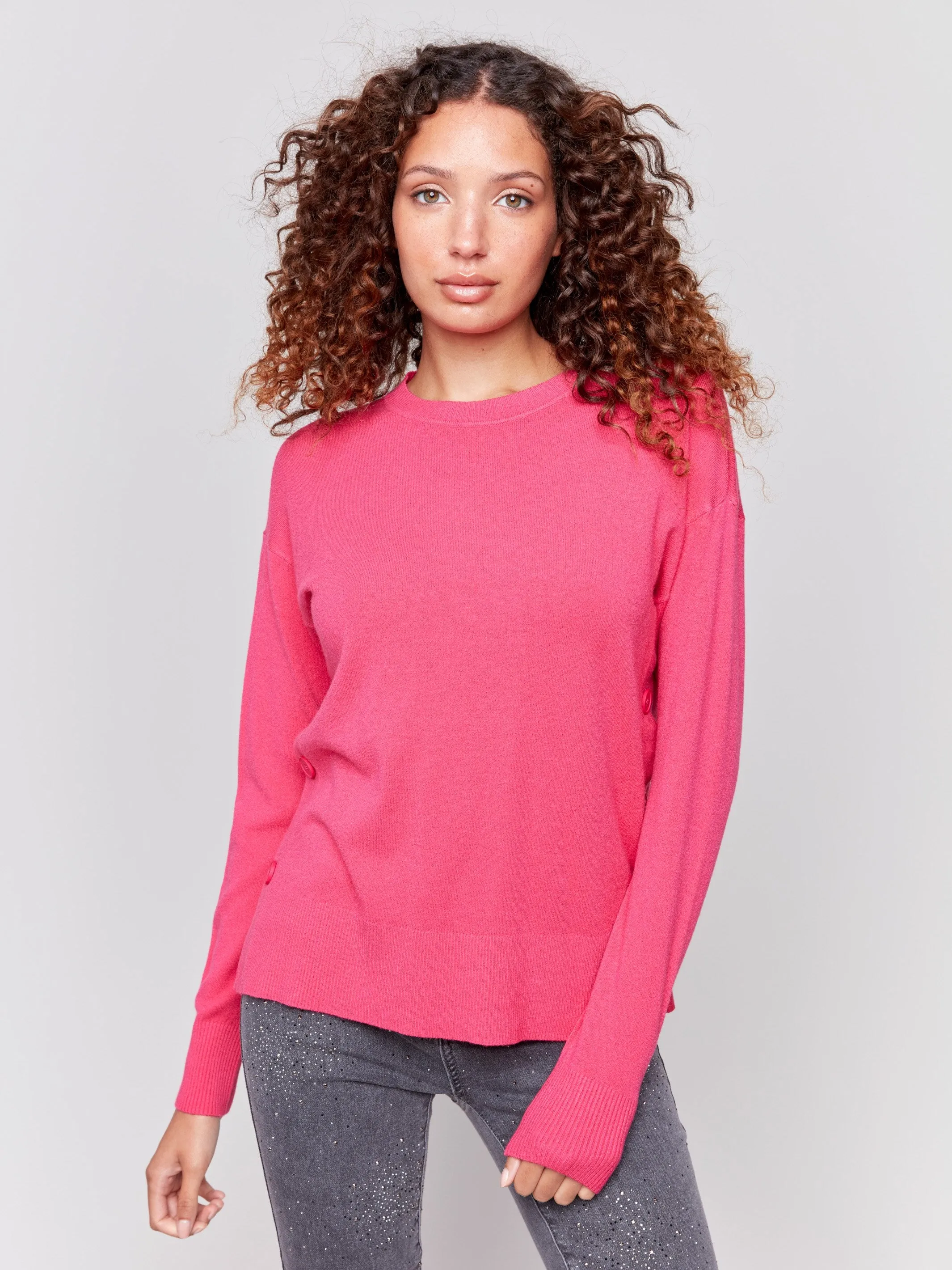 Sweater with Side Buttons - Magenta