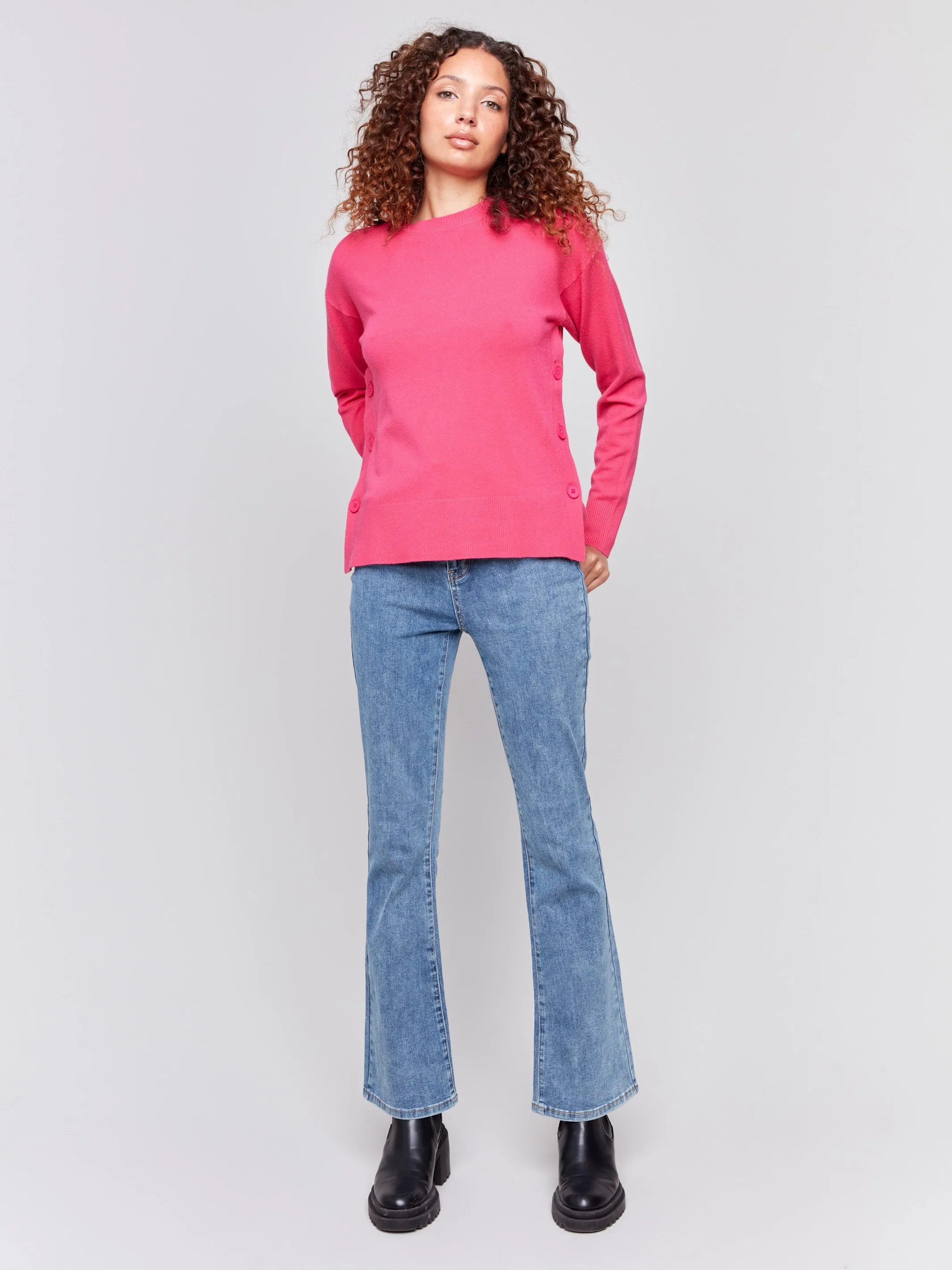 Sweater with Side Buttons - Magenta