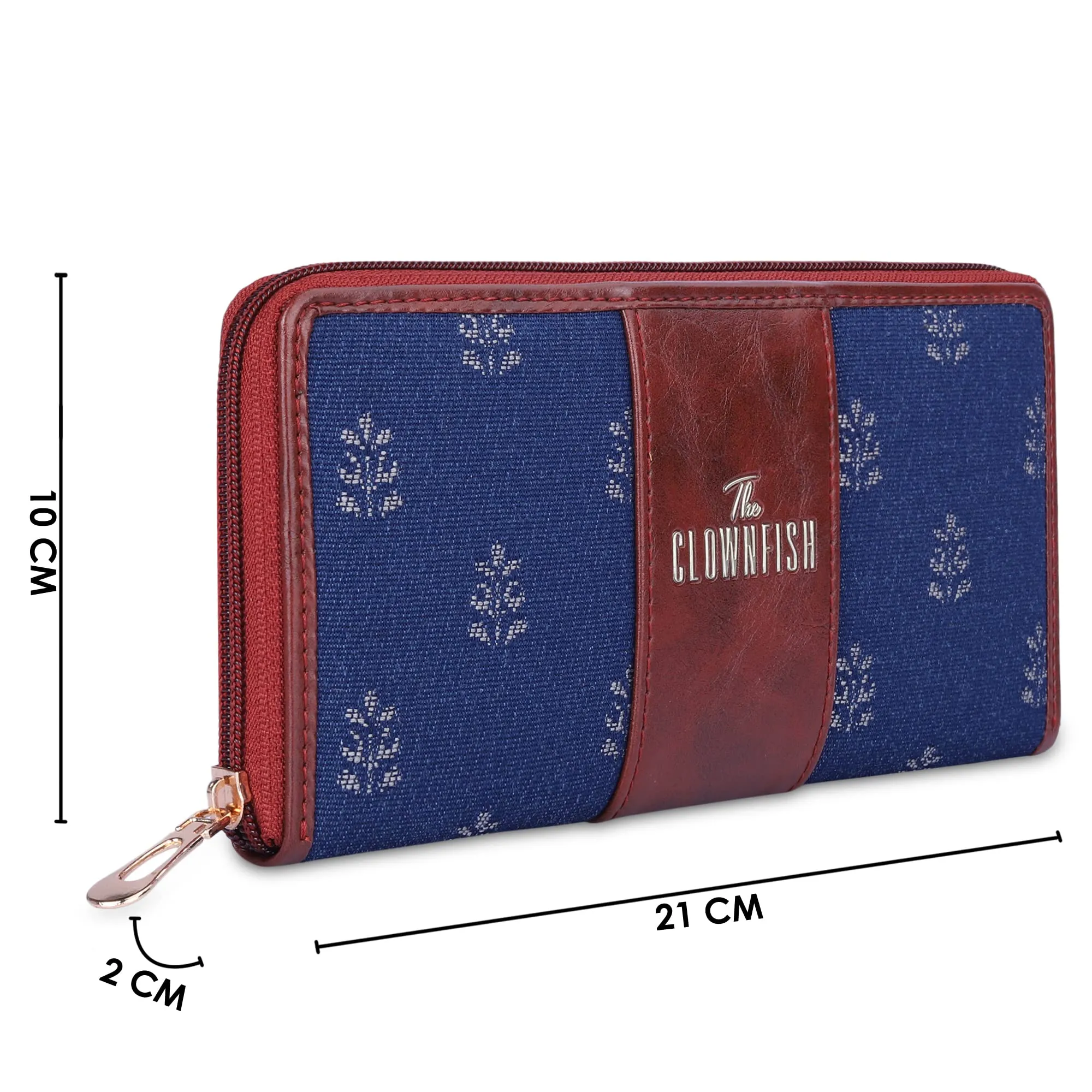 THE CLOWNFISH Aria Collection Tapestry Fabric & Faux Leather Zip Around Style Womens Wallet Clutch Ladies Purse with Card Holders (Denim Blue)