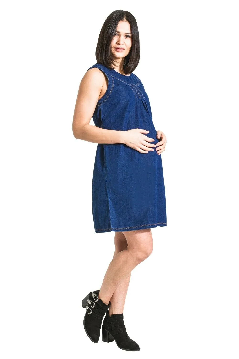 TINA Sleeveless Denim Maternity Dress - Blue