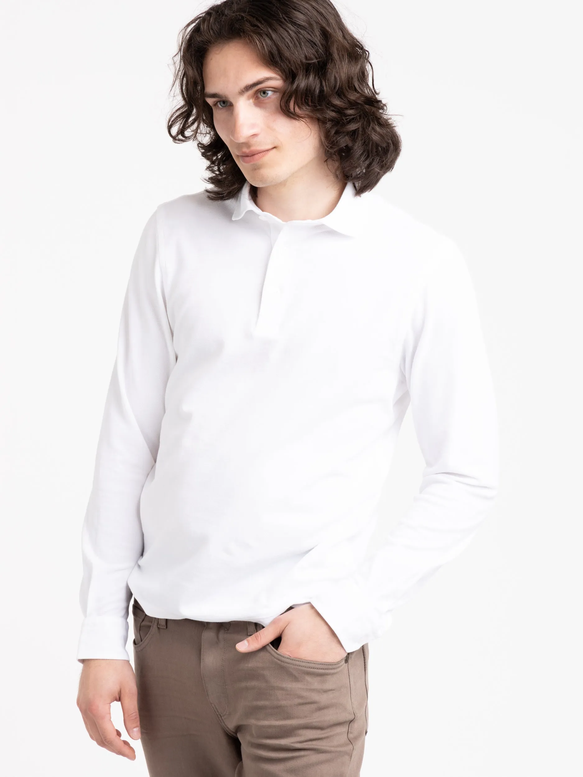 White Long-Sleeve Knit Polo