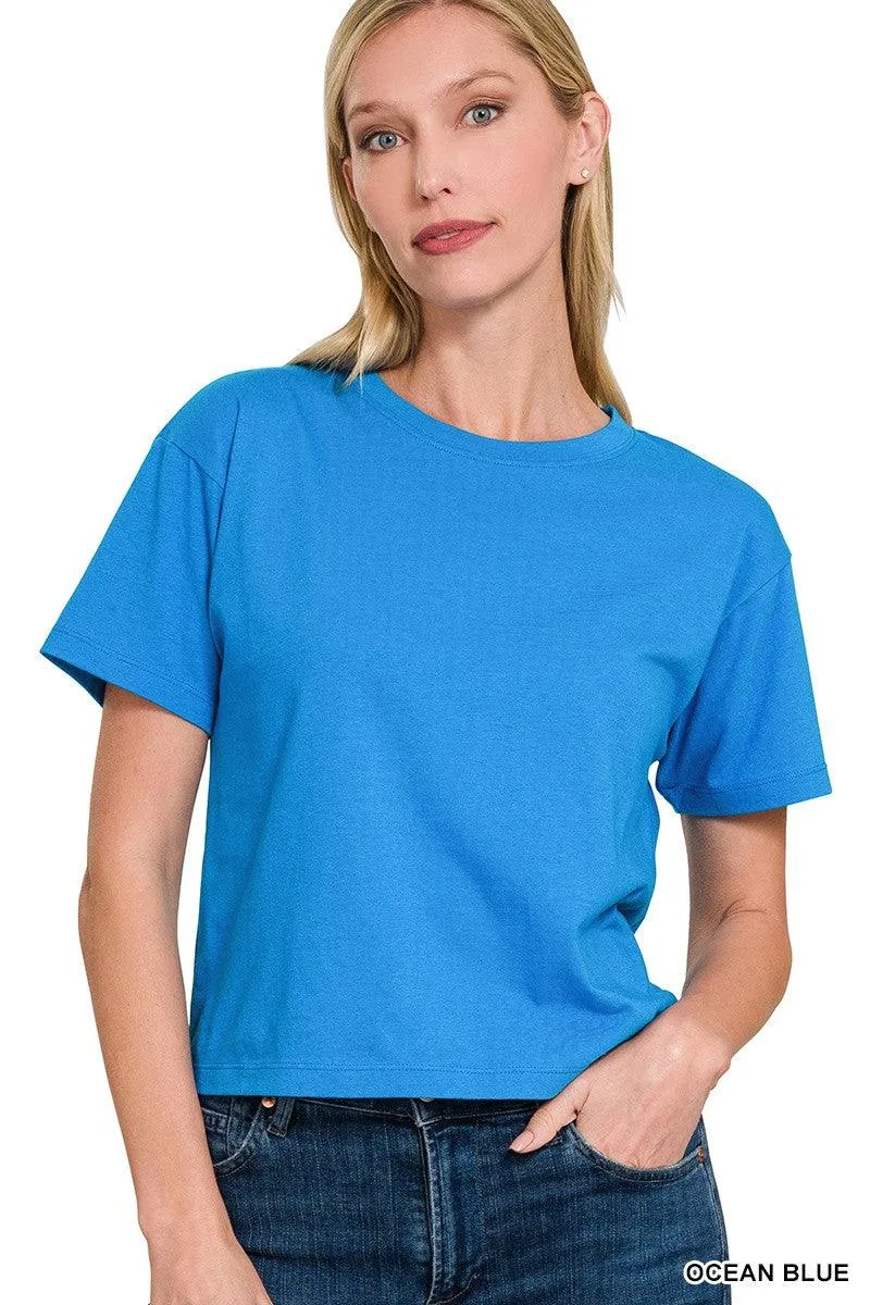 Zoey Short Sleeve Crew Neck Cropped Shirt - DEEP SKY